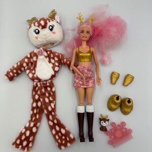 Barbie Cutie Reveal Snowflake Sparkle Series Doll with a deer plush costume